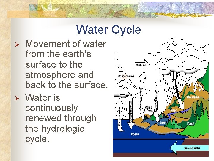 Water Cycle Ø Ø Movement of water from the earth’s surface to the atmosphere