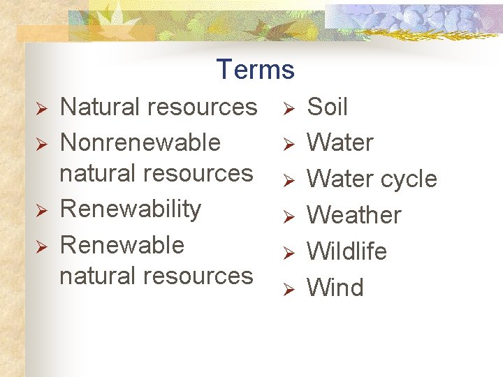 Terms Ø Ø Natural resources Nonrenewable natural resources Renewability Renewable natural resources Ø Ø