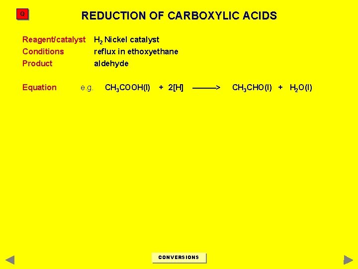 Q REDUCTION OF CARBOXYLIC ACIDS Reagent/catalyst H 2 Nickel catalyst Conditions reflux in ethoxyethane