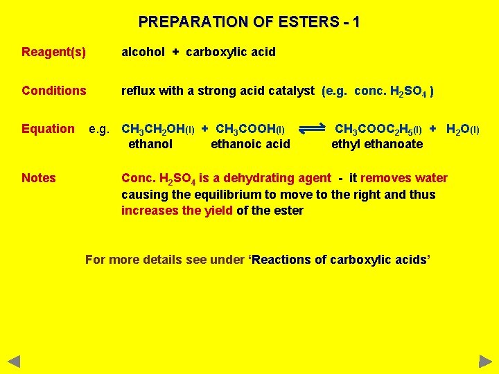 PREPARATION OF ESTERS - 1 Reagent(s) alcohol + carboxylic acid Conditions reflux with a