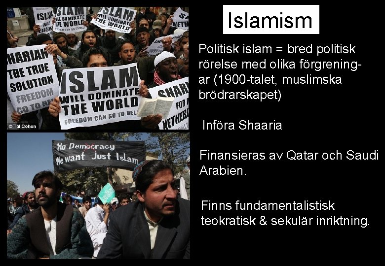 Islamism Politisk islam = bred politisk rörelse med olika förgreningar (1900 -talet, muslimska brödrarskapet)