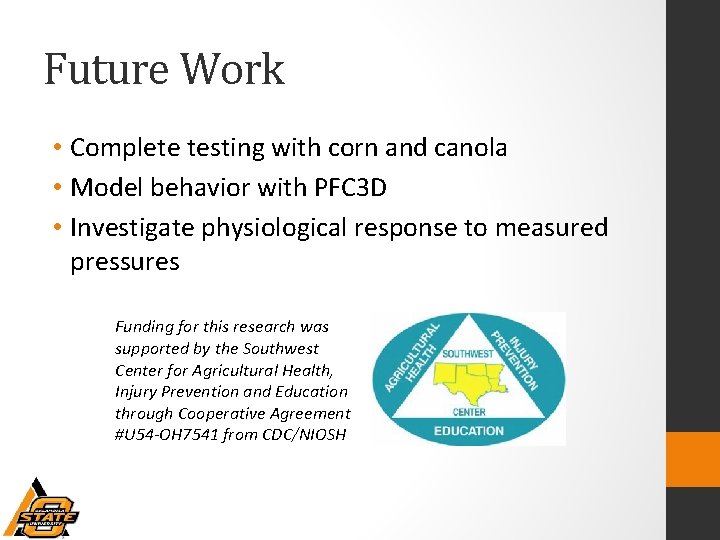 Future Work • Complete testing with corn and canola • Model behavior with PFC
