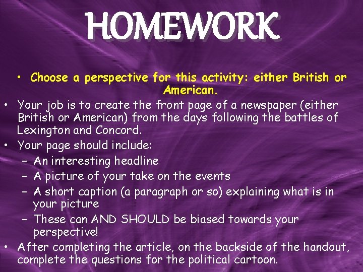 HOMEWORK • Choose a perspective for this activity: either British or American. • Your HOMEWORK • Choose a perspective for this activity: either British or American. • Your