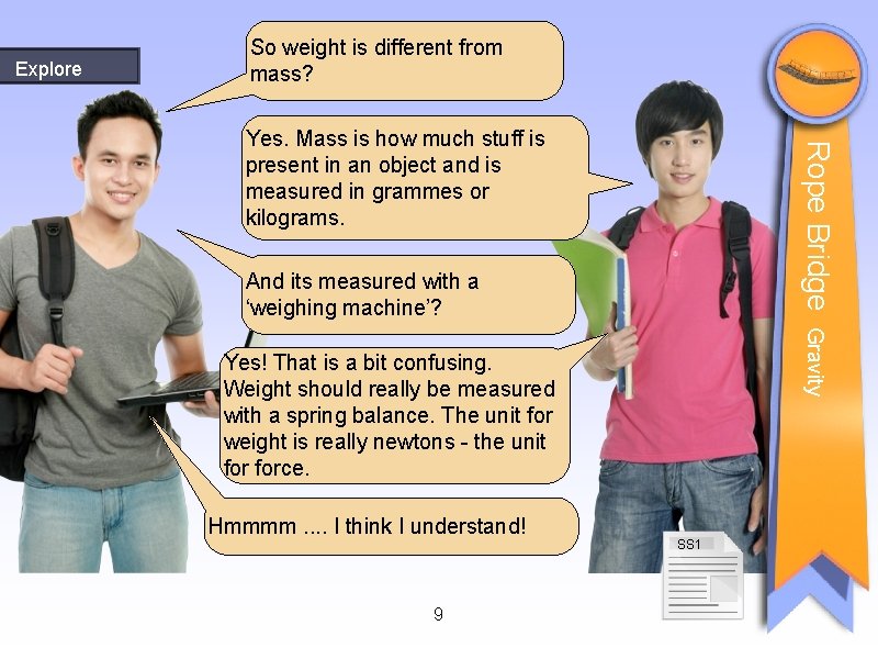 Explore So weight is different from mass? Rope Bridge Yes. Mass is how much Explore So weight is different from mass? Rope Bridge Yes. Mass is how much