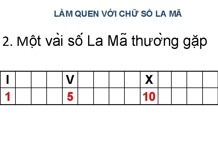 LÀM QUEN VỚI CHỮ SỐ LA MÃ 2. Mô t va i sô La