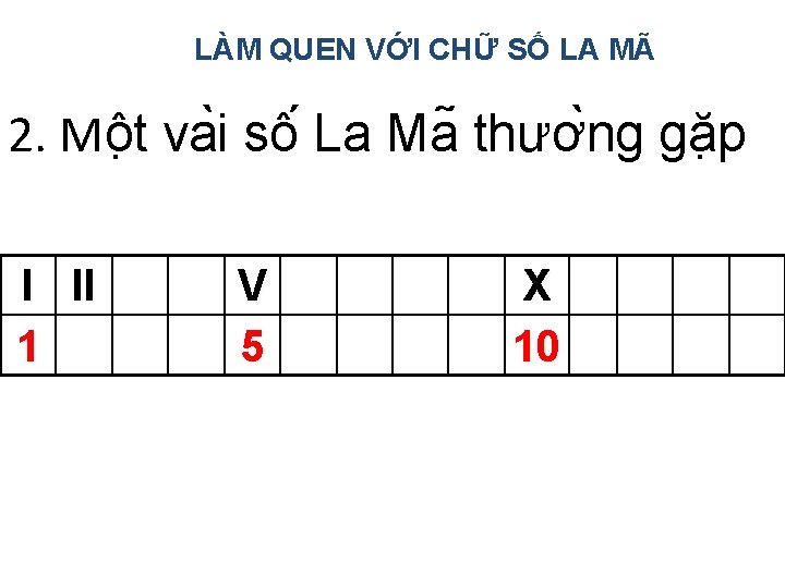 LÀM QUEN VỚI CHỮ SỐ LA MÃ 2. Mô t va i sô La