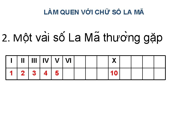 LÀM QUEN VỚI CHỮ SỐ LA MÃ 2. Mô t va i sô La