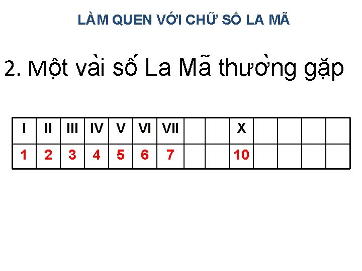 LÀM QUEN VỚI CHỮ SỐ LA MÃ 2. Mô t va i sô La