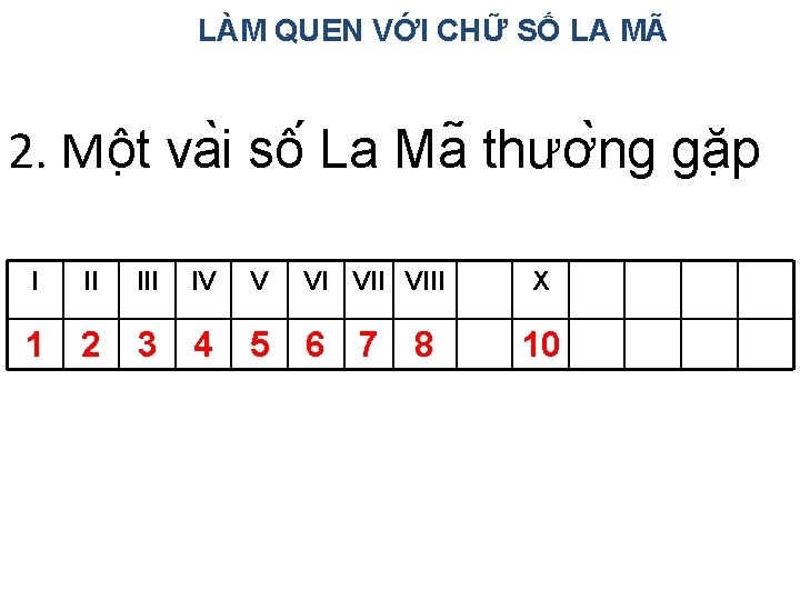 LÀM QUEN VỚI CHỮ SỐ LA MÃ 2. Mô t va i sô La
