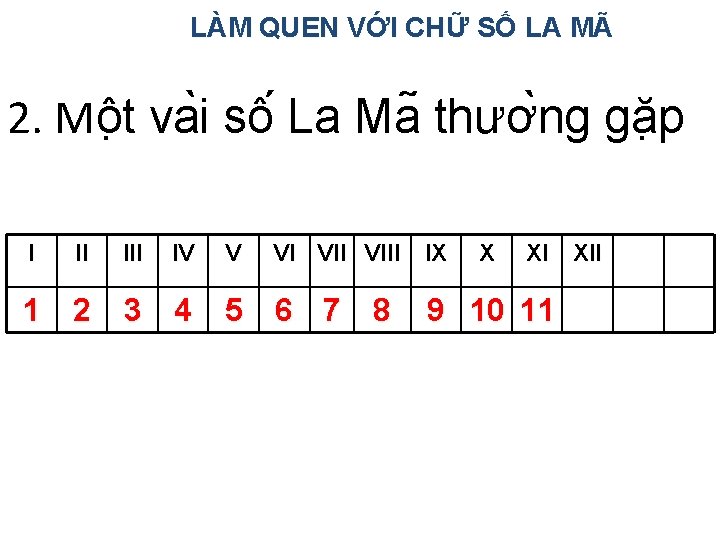 LÀM QUEN VỚI CHỮ SỐ LA MÃ 2. Mô t va i sô La