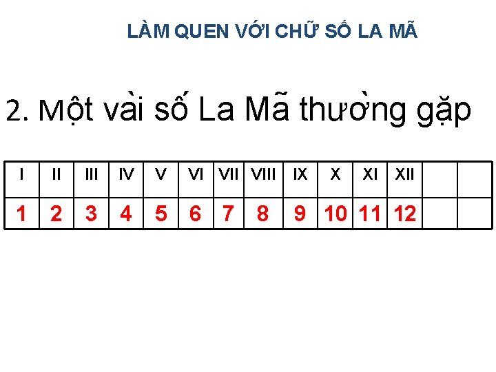 LÀM QUEN VỚI CHỮ SỐ LA MÃ 2. Mô t va i sô La