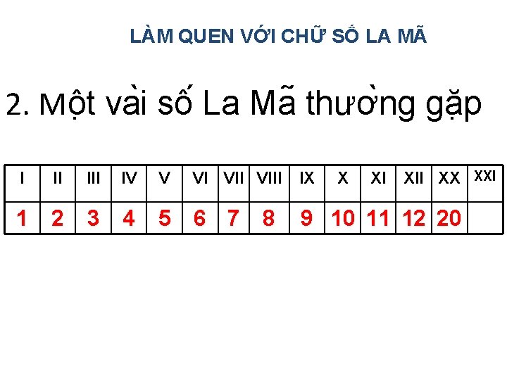 LÀM QUEN VỚI CHỮ SỐ LA MÃ 2. Mô t va i sô La