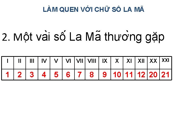 LÀM QUEN VỚI CHỮ SỐ LA MÃ 2. Mô t va i sô La