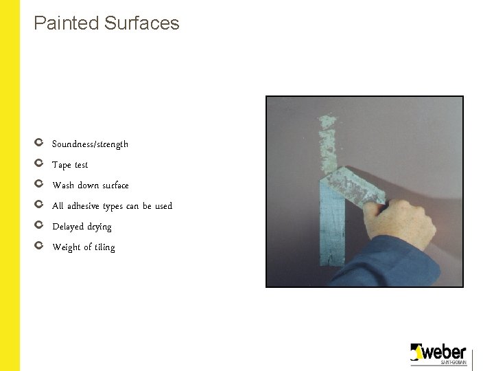 Painted Surfaces Soundness/strength Tape test Wash down surface All adhesive types can be used