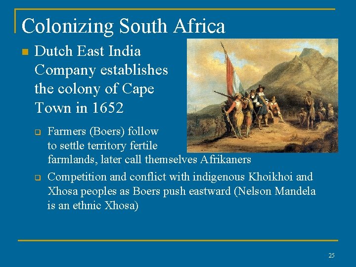 Colonizing South Africa n Dutch East India Company establishes the colony of Cape Town