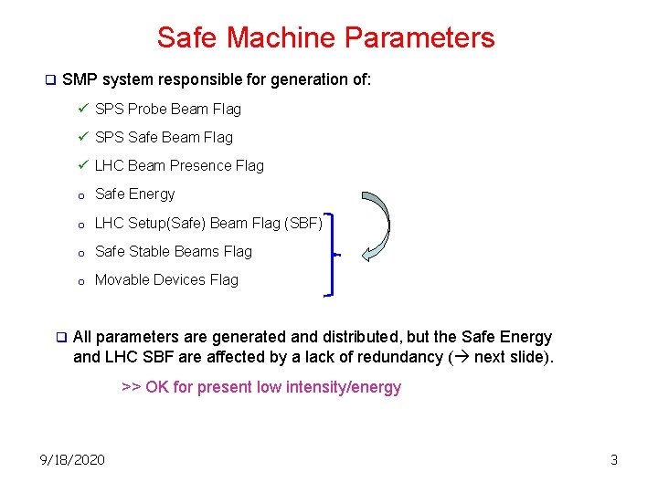 Safe Machine Parameters q SMP system responsible for generation of: ü SPS Probe Beam