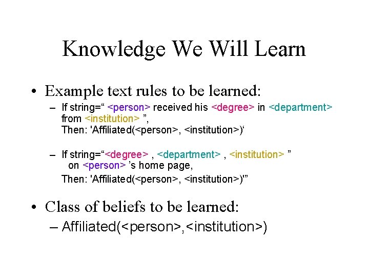 Knowledge We Will Learn • Example text rules to be learned: – If string=“