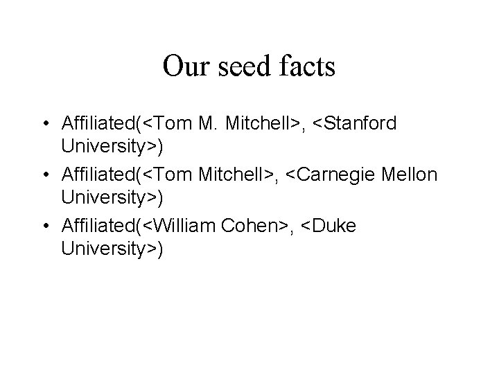 Our seed facts • Affiliated(<Tom M. Mitchell>, <Stanford University>) • Affiliated(<Tom Mitchell>, <Carnegie Mellon