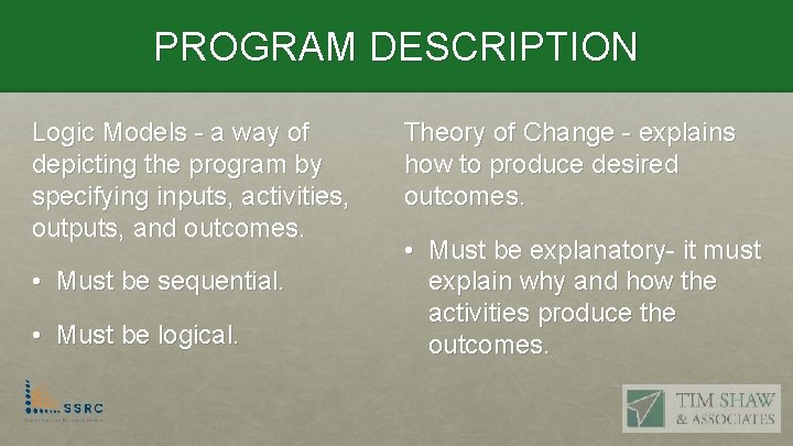 PROGRAM DESCRIPTION Logic Models - a way of depicting the program by specifying inputs,