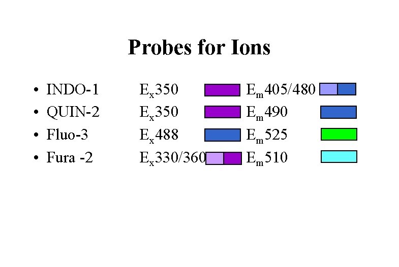 Probes for Ions • • INDO-1 QUIN-2 Fluo-3 Fura -2 Ex 350 Ex 488