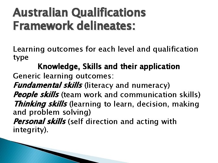 Australian Qualifications Framework delineates: Learning outcomes for each level and qualification type Knowledge, Skills