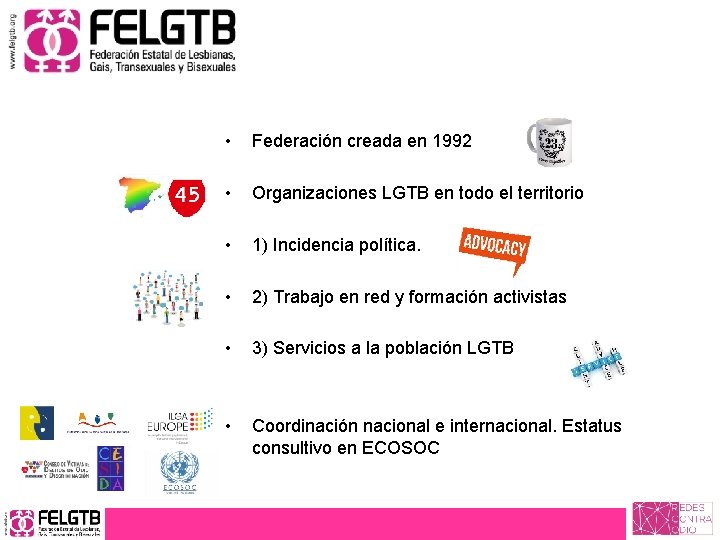  • Federación creada en 1992 • Organizaciones LGTB en todo el territorio •