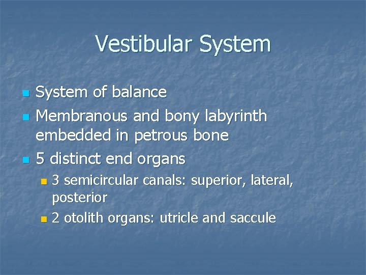 Vestibular System n n n System of balance Membranous and bony labyrinth embedded in