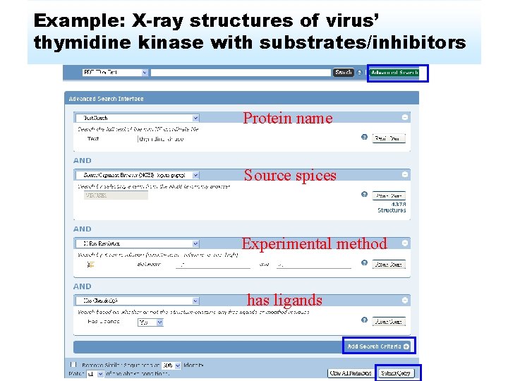 Example: X-ray structures of virus’ thymidine kinase with substrates/inhibitors Protein name Source spices Experimental