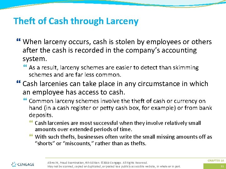 Theft of Cash through Larceny } When larceny occurs, cash is stolen by employees