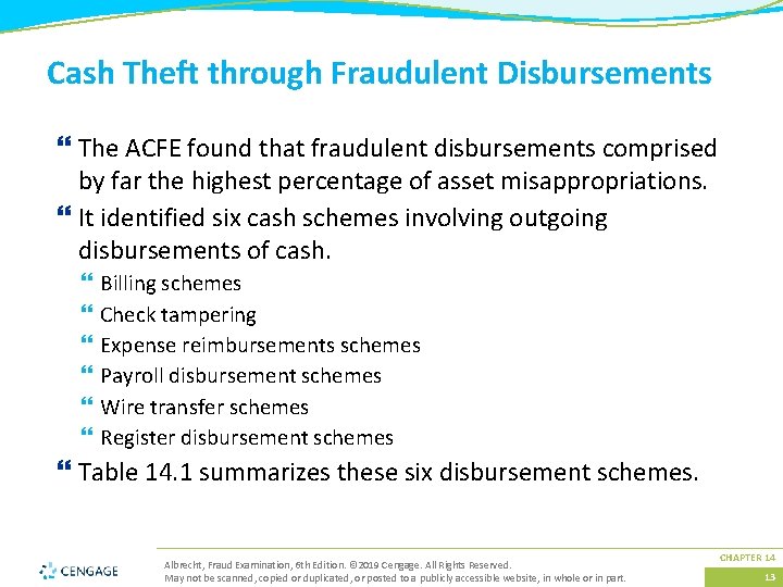 Cash Theft through Fraudulent Disbursements } The ACFE found that fraudulent disbursements comprised by