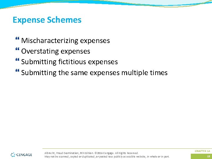 Expense Schemes } Mischaracterizing expenses } Overstating expenses } Submitting fictitious expenses } Submitting