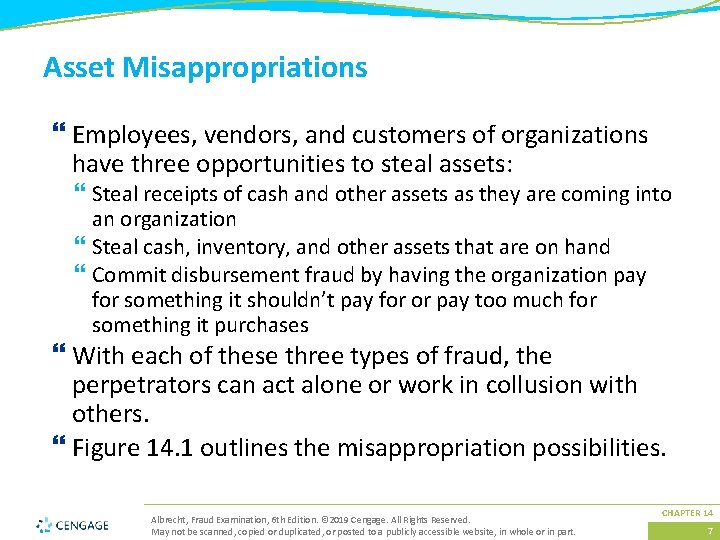Asset Misappropriations } Employees, vendors, and customers of organizations have three opportunities to steal