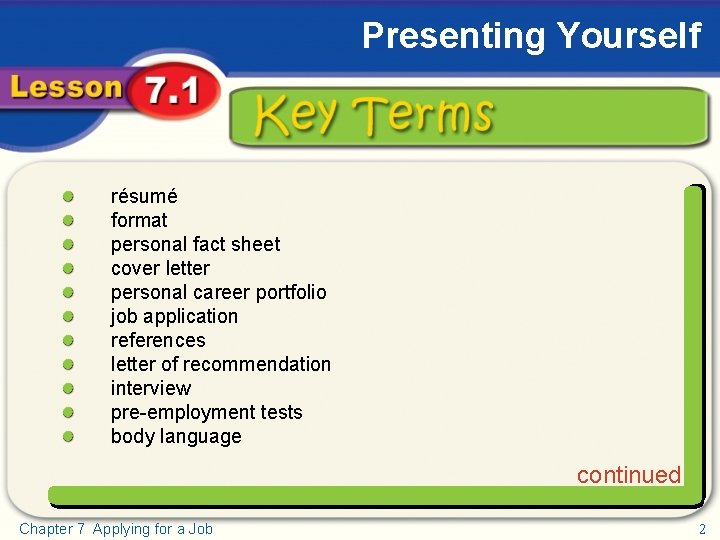 Presenting Yourself Key Terms résumé format personal fact sheet cover letter personal career portfolio