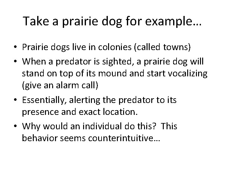 Take a prairie dog for example… • Prairie dogs live in colonies (called towns)