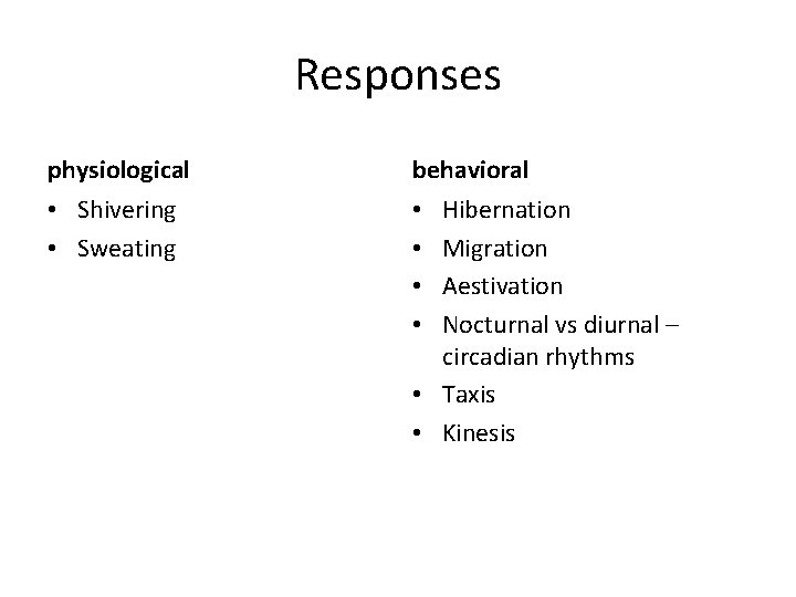 Responses physiological behavioral • Shivering • Sweating • • Hibernation Migration Aestivation Nocturnal vs