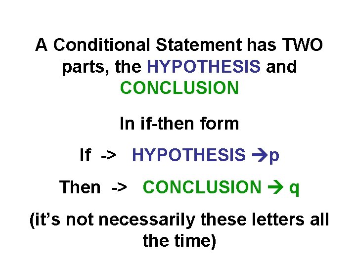 A Conditional Statement has TWO parts, the HYPOTHESIS and CONCLUSION In if-then form If