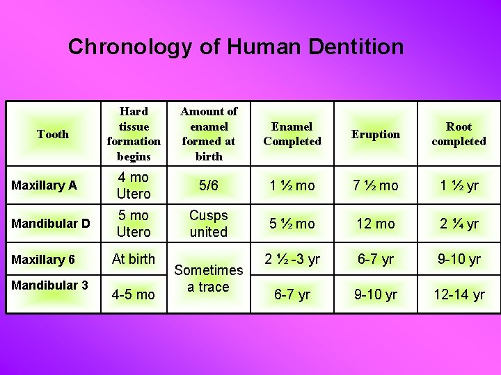 Chronology of Human Dentition Hard tissue formation begins Amount of enamel formed at birth