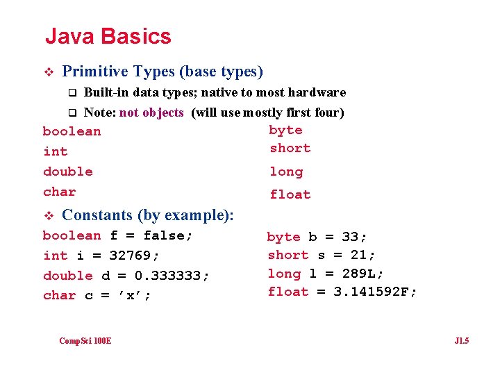 Java Basics v Primitive Types (base types) Built-in data types; native to most hardware