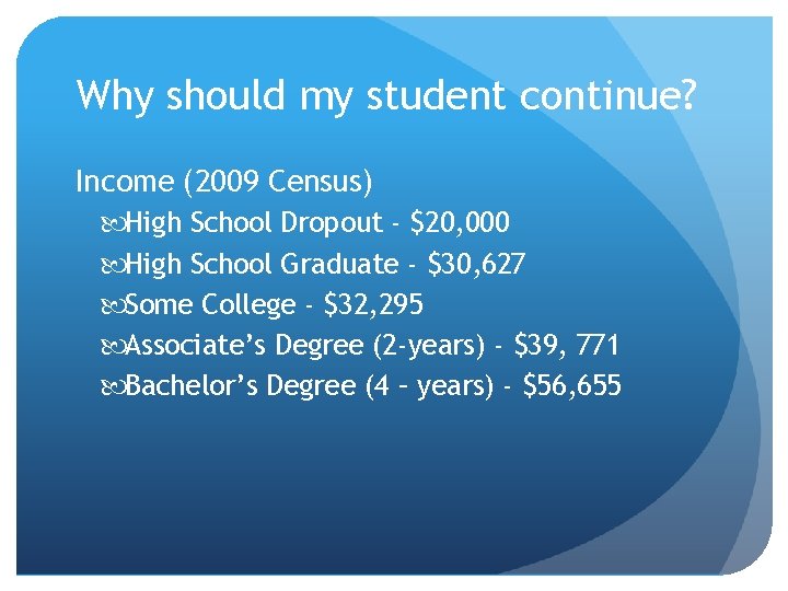 Why should my student continue? Income (2009 Census) High School Dropout - $20, 000