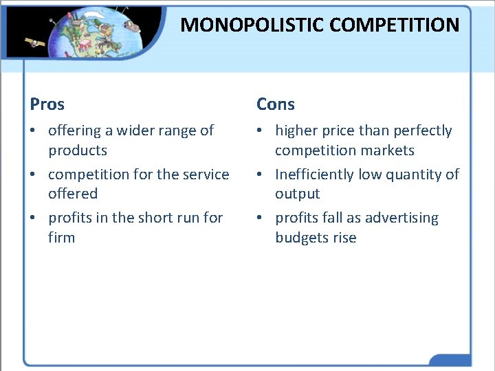 MONOPOLISTIC COMPETITION Pros Cons • offering a wider range of products • competition for