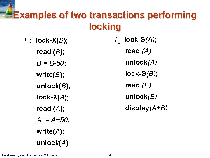 Examples of two transactions performing locking T 2: lock-S(A); T 1: lock-X(B); read (B);