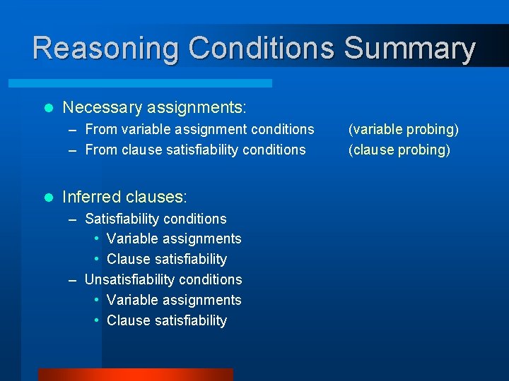 Reasoning Conditions Summary l Necessary assignments: – From variable assignment conditions – From clause