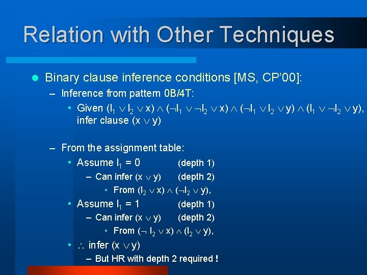 Relation with Other Techniques l Binary clause inference conditions [MS, CP’ 00]: – Inference