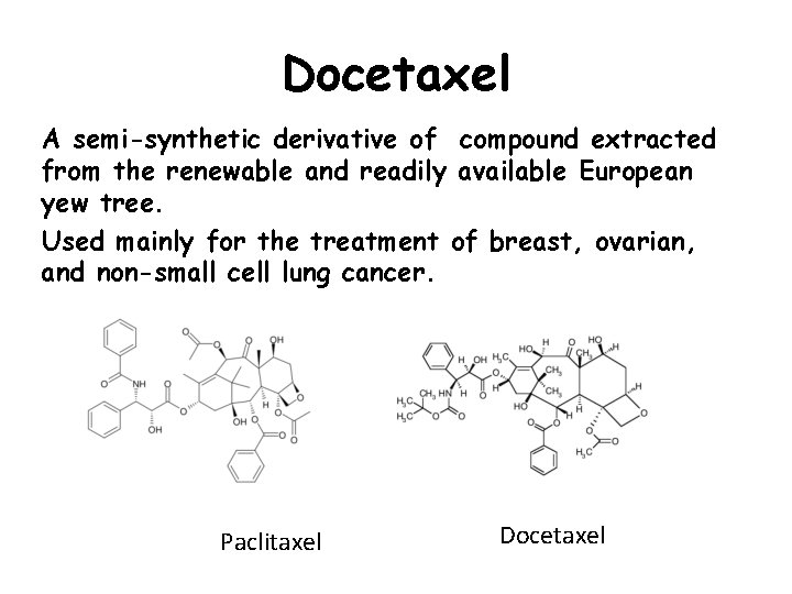 Docetaxel A semi-synthetic derivative of compound extracted from the renewable and readily available European