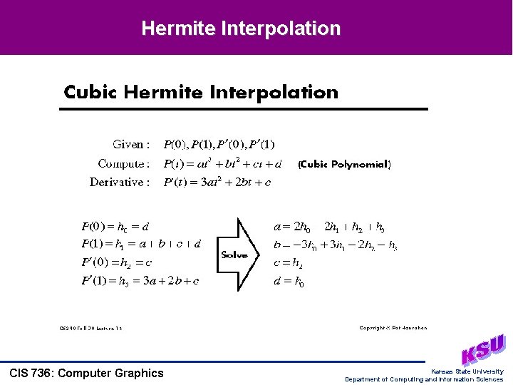 Hermite Interpolation CIS 736: Computer Graphics Kansas State University Department of Computing and Information Hermite Interpolation CIS 736: Computer Graphics Kansas State University Department of Computing and Information