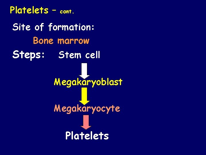 Platelets – cont. Site of formation: Bone marrow Steps: Stem cell Megakaryoblast Megakaryocyte Platelets