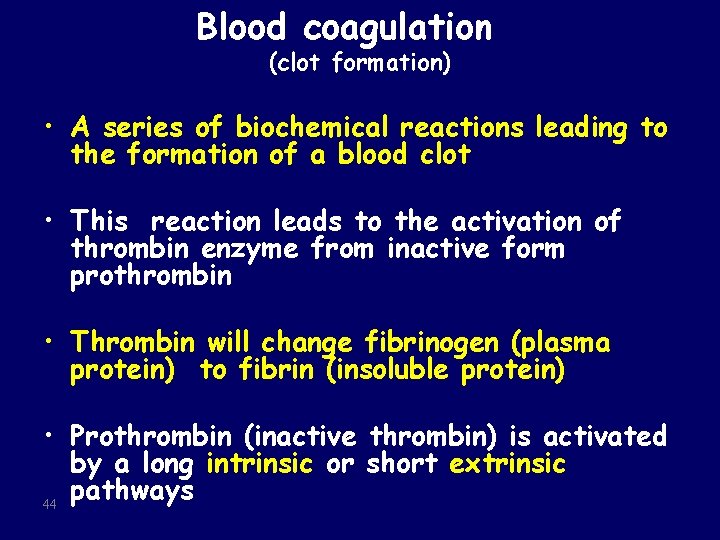 Blood coagulation (clot formation) • A series of biochemical reactions leading to the formation