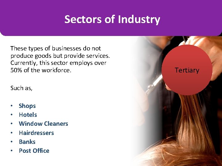 Sectors of Industry These types of businesses do not produce goods but provide services.