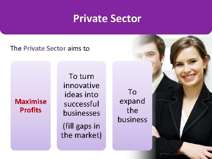 Private Sector The Private Sector aims to Maximise Profits To turn innovative ideas into
