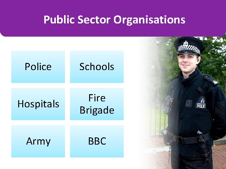 Public Sector Organisations Police Schools Hospitals Fire Brigade Army BBC 
